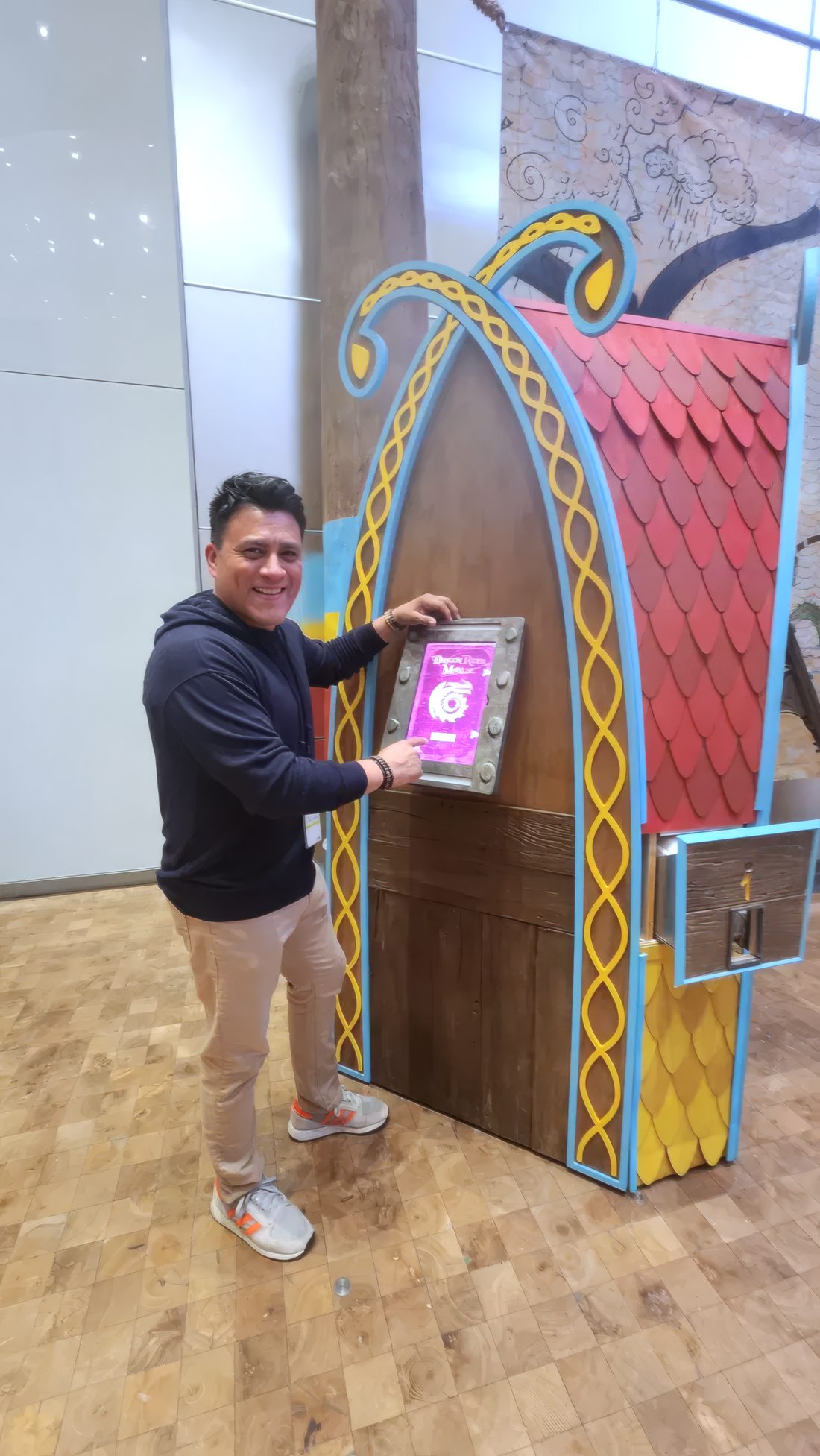 Davidson Ospina on site with a How to Train Your Dragon license kiosk